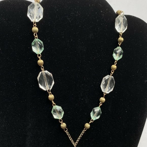Mint Green & Clear Faceted Lucite Brass Tone Chain Tassel Pendant Necklace 21” - Picture 3 of 4